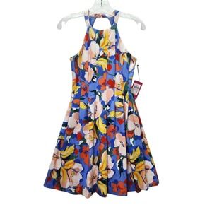 Vince Camuto Mini Dress Womens 0 Vibrant Floral Halter Fit‎ Flare Pockets Summer